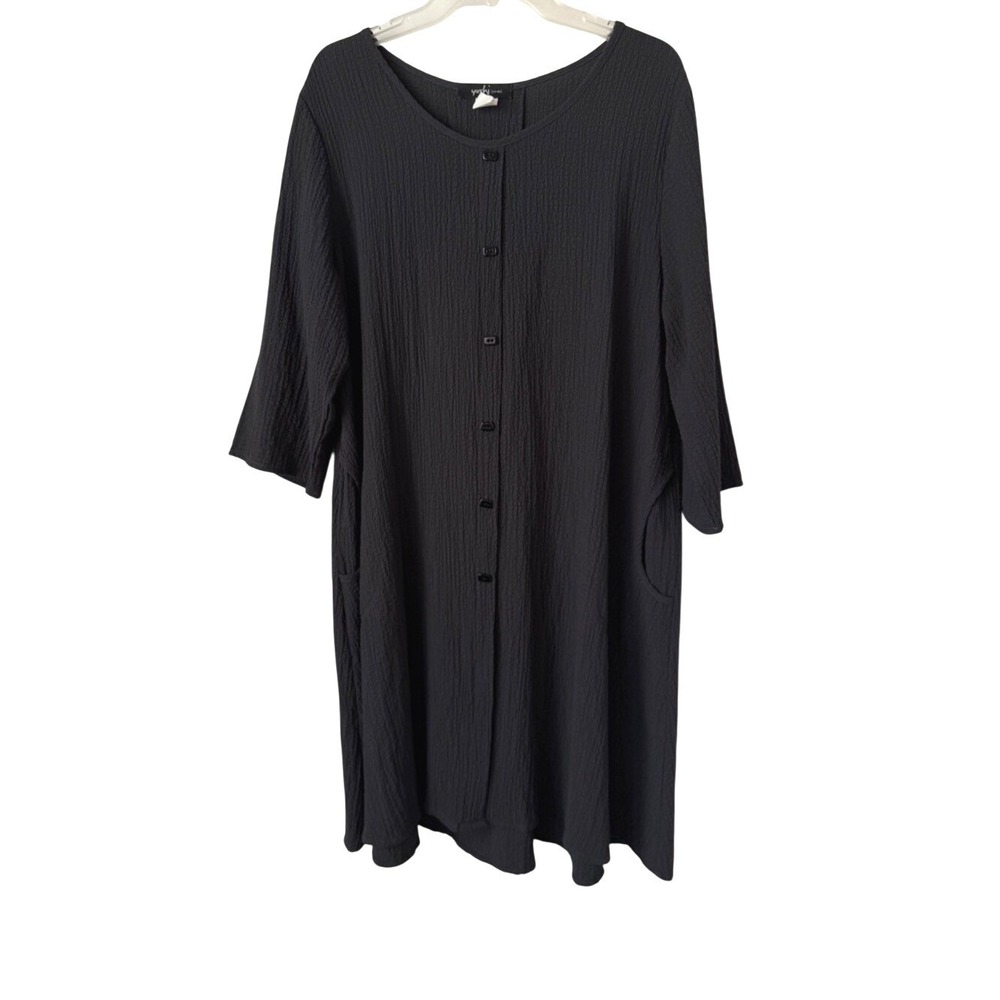 Yushi Textured Crinkle Gauze Kaftan Maxi Dress Lagenlook Art to Wear Faux Button
